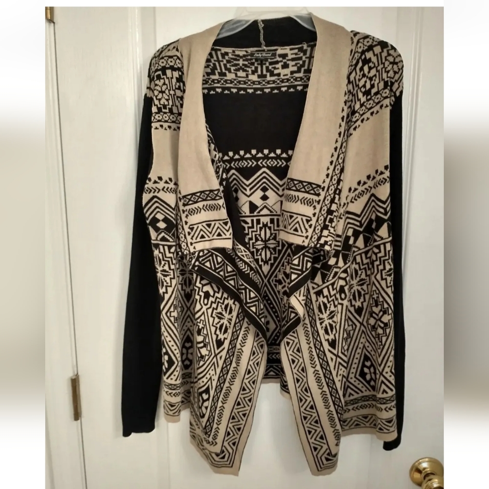 Lucky Brand Open Cardigan Sweater Tribal Black Tan Aztec Boho 100% Cotton Rodeo